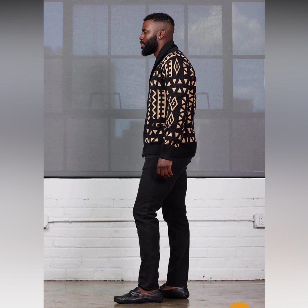 D'iyanu Mens Nwt Cardigan Sweater Sz 3xl African Print Black/Tan Geometric New — image 5 of 8